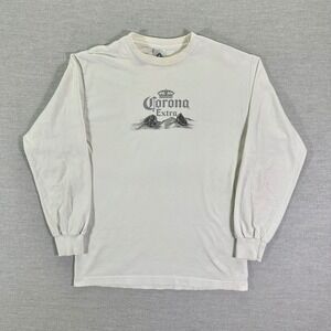 Corona Extra Long Sleeve T Shirt Men's Size Medium White Beach Palm Tree Graphic